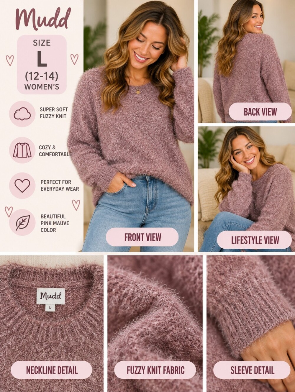 Mudd women's size large pink fuzzy long sleeve sweater #22